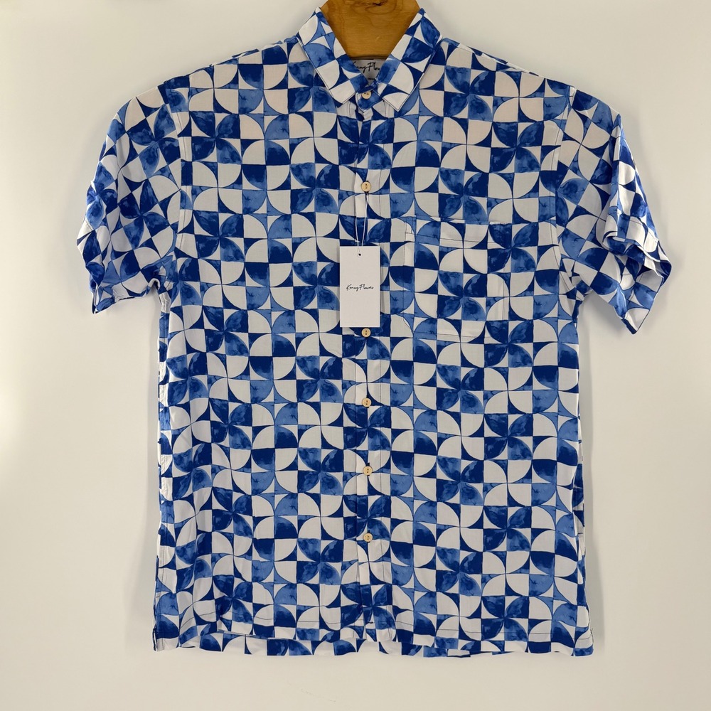 Kenny Flowers Mens Blue White Geometric Tile Rayon Short Sleeve Button Down L